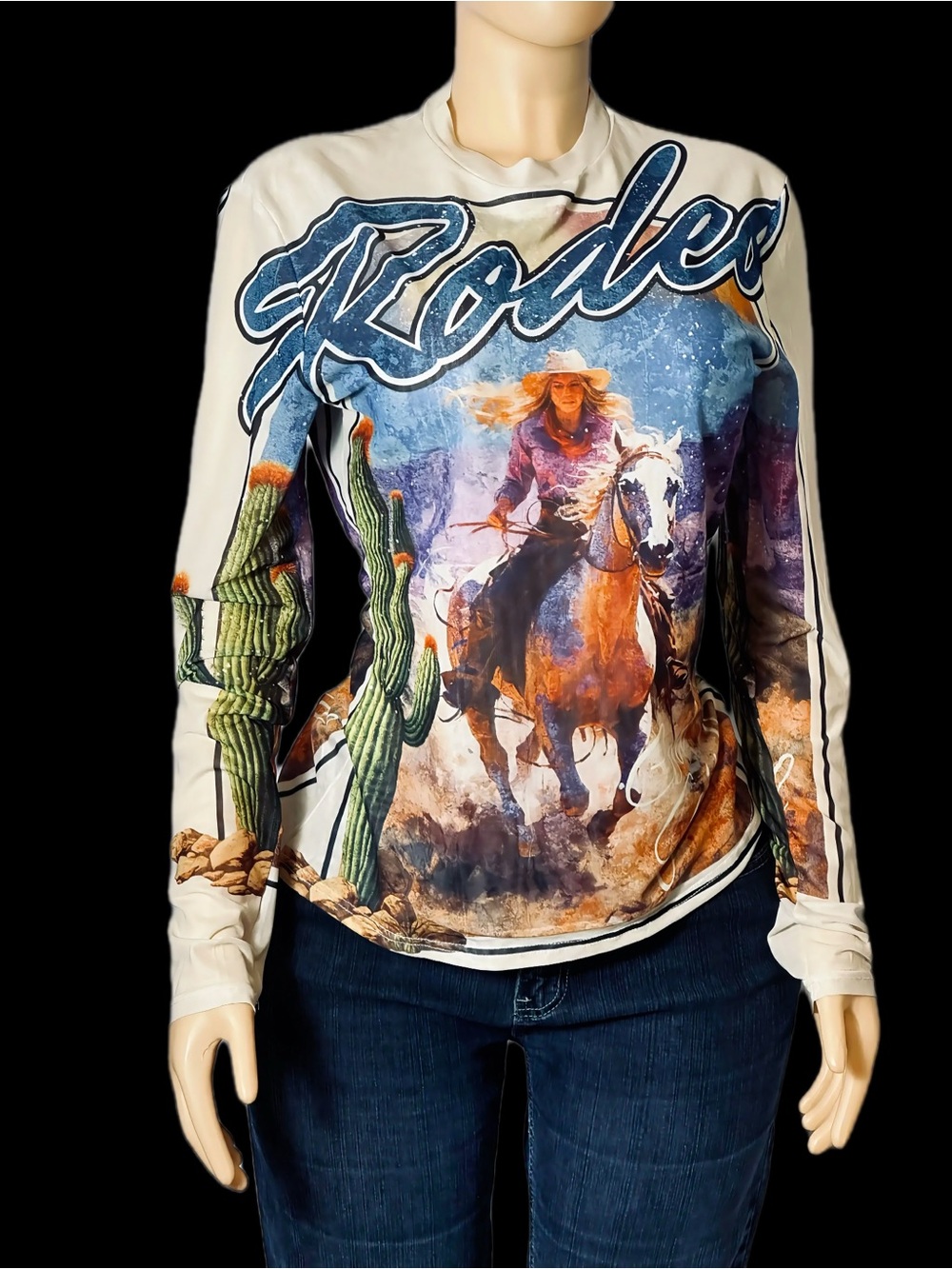 Lucky & Blessed Cream Rodeo Graphic Long-Sleeve Tee with Multi-Color Print